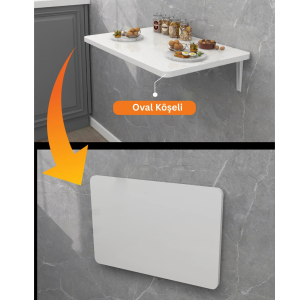90X50 cm Beyaz Oval Köşeli Duvara Monte Katlanır Masa | Mekanizmalı Açılır Kapanır Duvar Masası