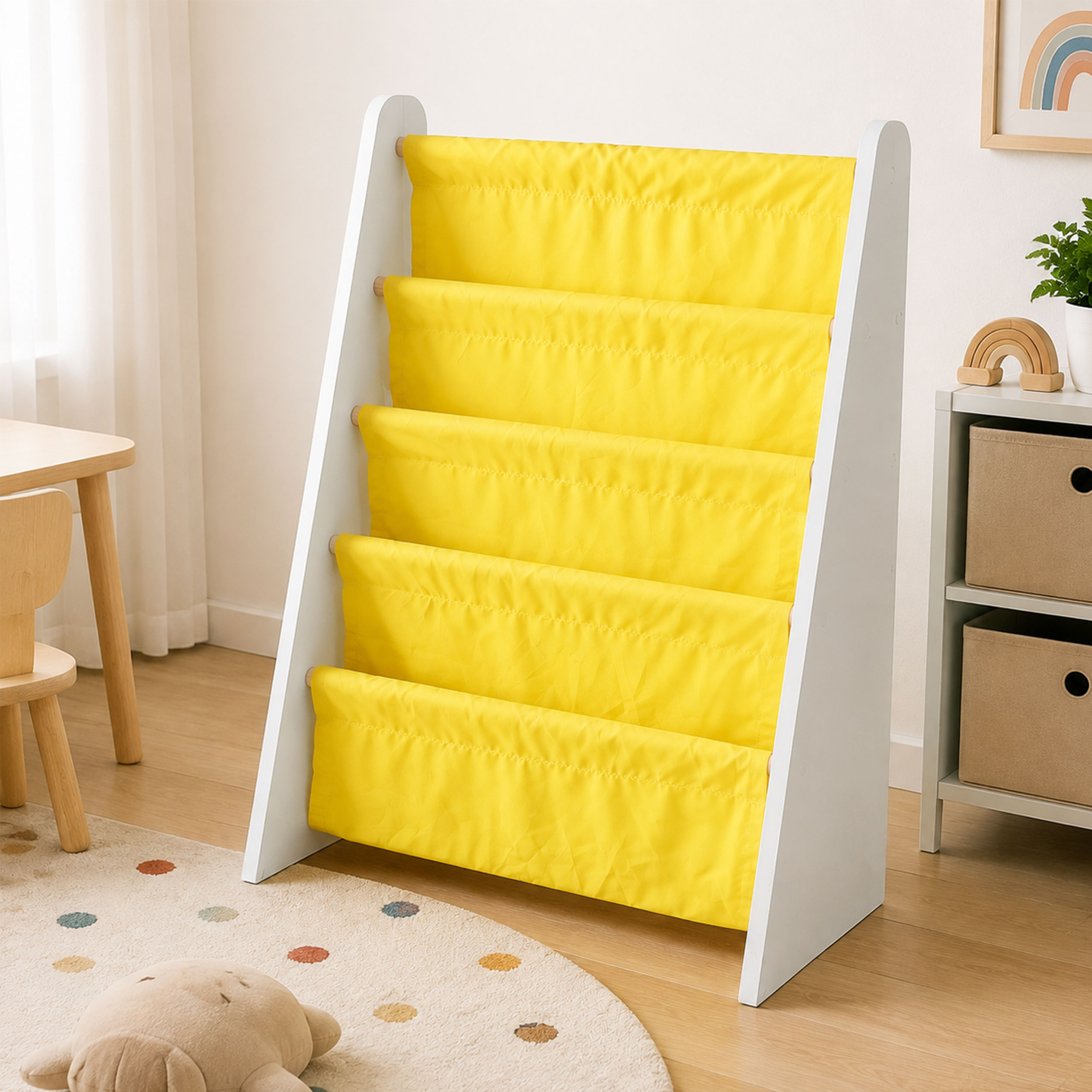 Çocuk Odası Bez Raflı Montessori Kitaplık - 4 Katlı 18mm Beyaz MDF Ahşap Kitap Organizeri