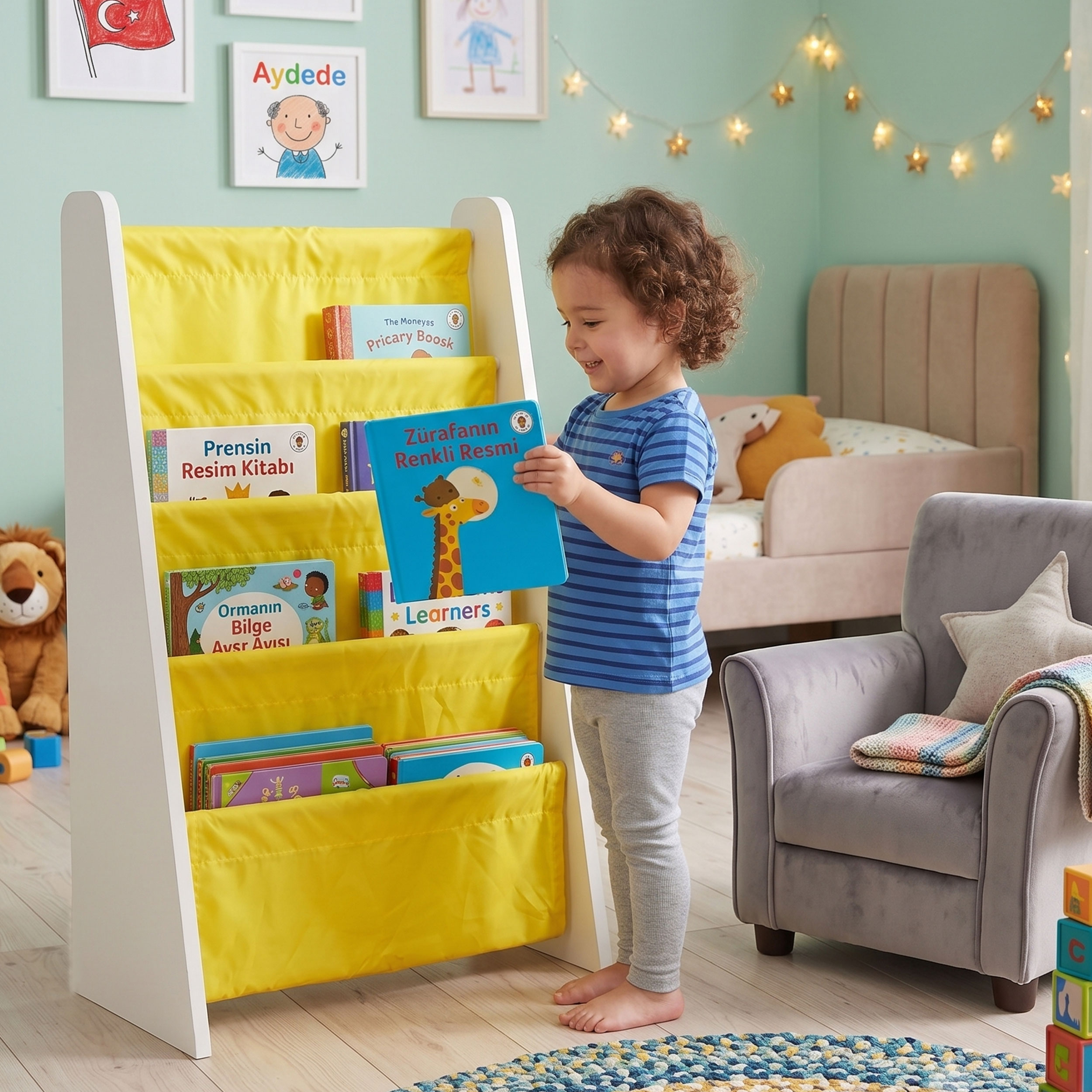 Çocuk Odası Bez Raflı Montessori Kitaplık - 4 Katlı 18mm Beyaz MDF Ahşap Kitap Organizeri