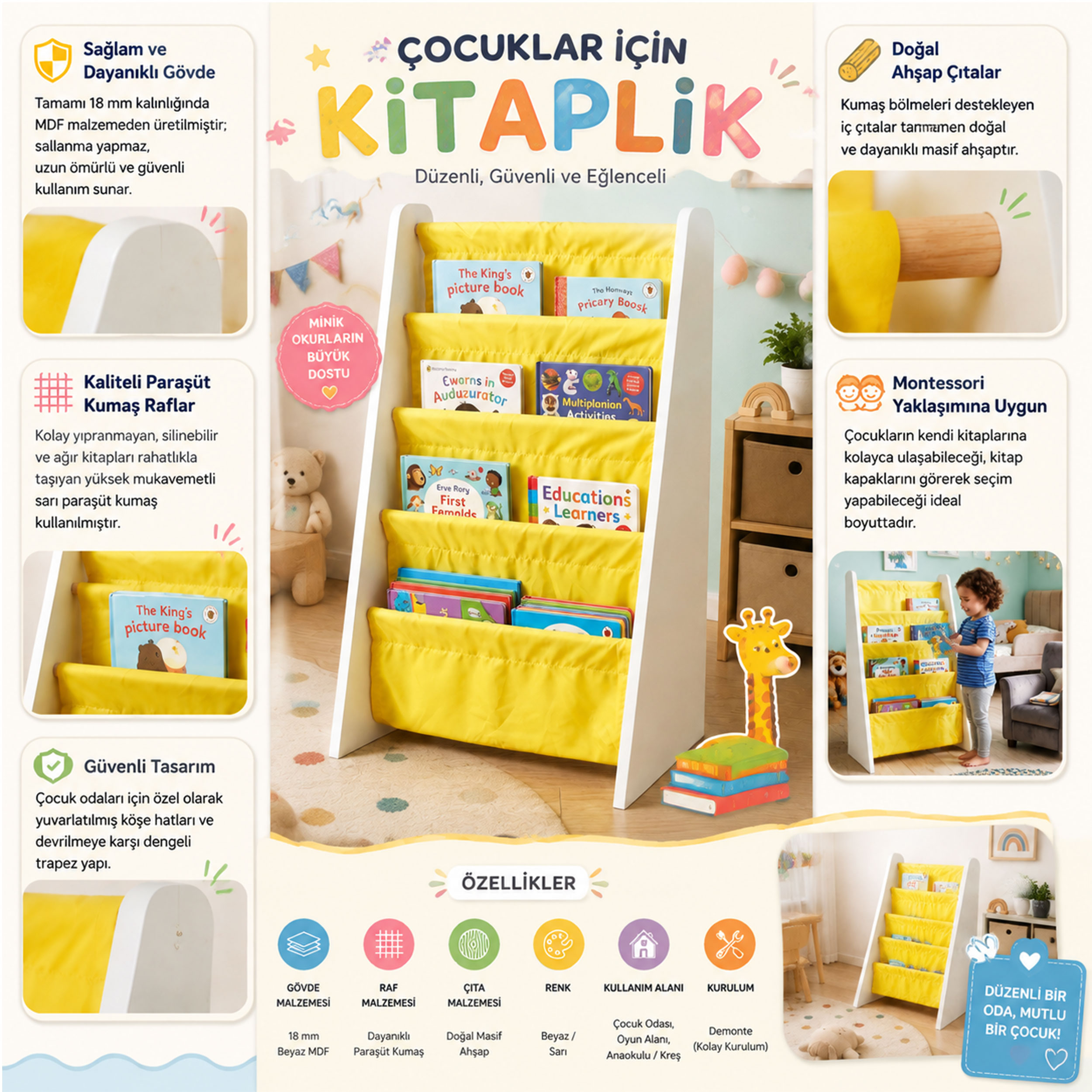 Çocuk Odası Bez Raflı Montessori Kitaplık - 4 Katlı 18mm Beyaz MDF Ahşap Kitap Organizeri