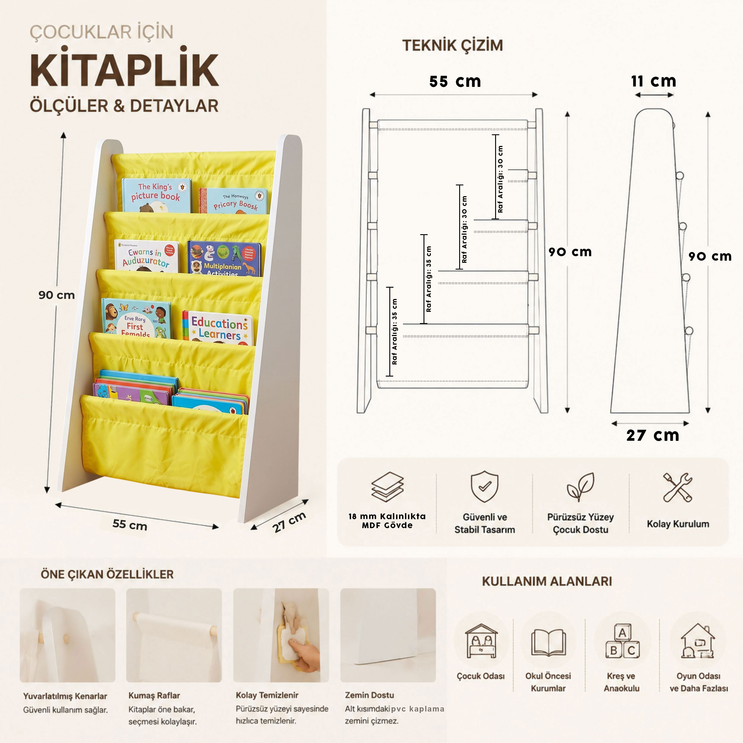 Çocuk Odası Bez Raflı Montessori Kitaplık - 4 Katlı 18mm Beyaz MDF Ahşap Kitap Organizeri